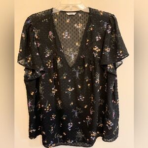 PENNINGTONS Black Floral V-Neck Dotted Sheer Blouse